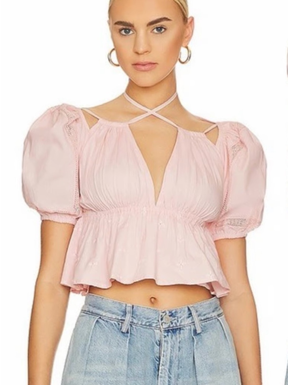 Women's Pink Puff Sleeve Crisscross Crop Top. (Jeanne Too From Tularosa)